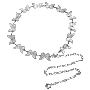 Detailed close-up of a silver butterfly waist chain with lobster clasp and adjustable tail