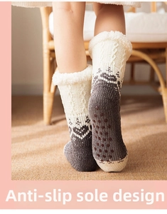Close-up of anti-slip silicone grippers on thick winter socks with warm fleece lining