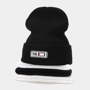 Unisex 1% low battery patch knitted beanie hat for winter hip-hop streetwear fashion