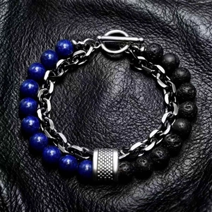 Double-layer map stone bracelet with blue lapis beads and black lava rock metal chain