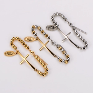 Religious stainless steel beaded bracelets with cross and Virgin Mary charms in 3 colors
