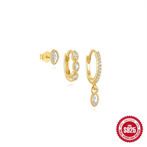 Three-piece set of S925 sterling silver gold-plated earrings with marquise zircon stones