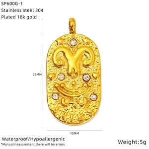 Macro shot of 18K gold Aries tarot pendant with white zircon and size parameters