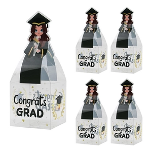 Set of 5 transparent graduation candy boxes with cartoon girl and Congrats GRAD text