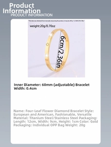 Detail showing 60mm diameter and 4mm width of clover leaf gold titanium steel bracelet