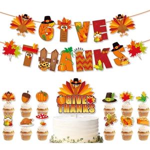 Give Thanks Banner And Cake Toppers Paper Party Decorations Turkey Pumpkin Maple Leaf Autumn Harvest Festival Theme