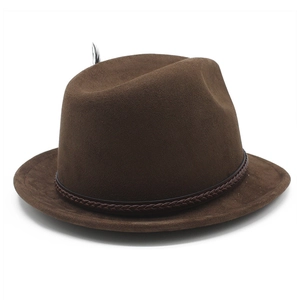 Detail of a brown suede fedora featuring a braided band and accent feathers