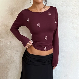 Women Ribbed Knit Crop Top Burgundy Long Sleeve Slim Fit Crystal Pendants Square Neck Sexy Autumn Fashion