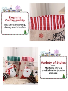 Detailed close-up of Merry Christmas drawstring gift bags with festive linen texture