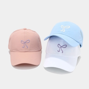 Quick-dry mesh sun hat with embroidered bow available in pink, light blue, and white colors