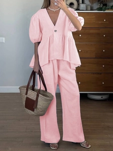 Pink V-neck short sleeve top and high-waisted wide-leg pants two-piece summer set