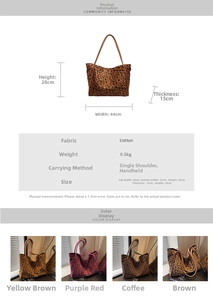 Detail view of large leopard print fabric tote bag with dimensions and four color options