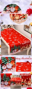 Detail of Christmas table runner with Merry Christmas print and festive cartoon patterns