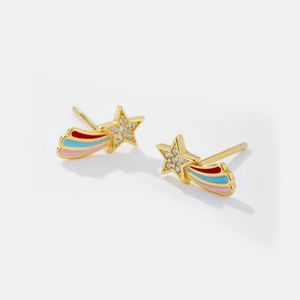 Detail of S925 sterling silver golden shooting star earrings with colorful enamel tail