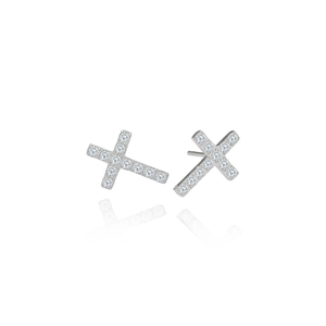 Macro detail of silver cross stud earrings with micro-paved sparkling cubic zirconia