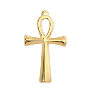 Macro view of gold-plated Ankh cross pendant with smooth polished finish and top ring