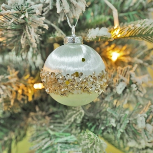 Handcrafted 6cm white and yellow Christmas tree ball ornaments with gold sequins and beads
