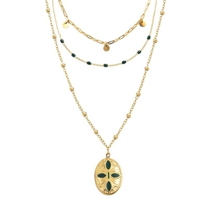 Three-layer gold stainless steel necklace with green clover pendant and paperclip chain