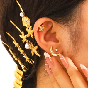 Gold celestial star moon earrings and nautical shell pearl hair clip set for women