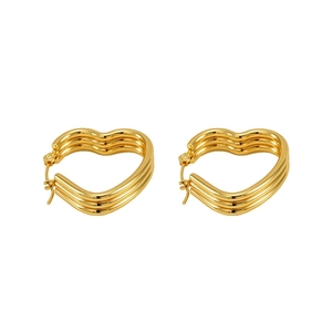 Three-layer golden heart earrings in minimalist stainless steel for women on white background