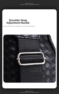 Detail of premium woven leather texture and silver metal shoulder strap buckle