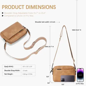 Size chart showing product dimensions 9.5x3.6x5.9 inches for small leather crossbody bag