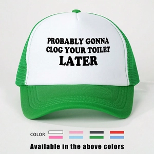 Close-up of mesh trucker hat featuring funny bold text print and adjustable strap detail