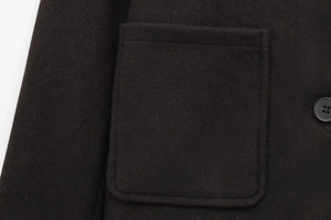 Detailed view of black wool coat pocket and single button closure on white background