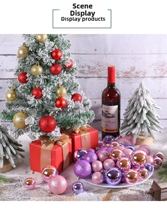 Detail of assorted matte and glitter Christmas balls hanging on a decorated festive tree