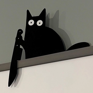Funny black cat wooden door corner decor with knife for creative Halloween wall art