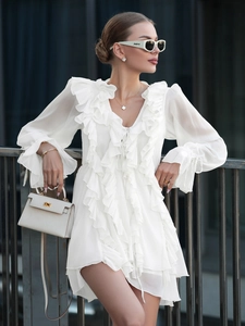 Elegant white chiffon long sleeve mini dress with ruffled v-neck and lantern sleeves