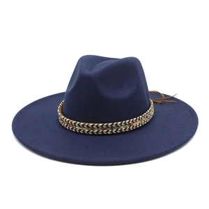 Dark blue felt fedora with a bohemian woven band and leather drawstring detail