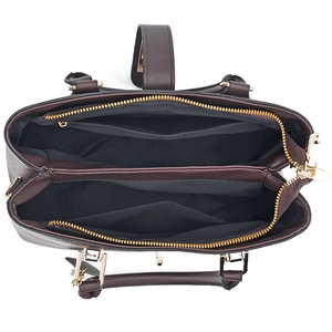 Classic dark brown leather handbag with multiple compartments and gold hardware
