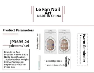 Détail du kit de faux ongles amande JP3695 avec 24 pièces bleu-violet à paillettes et colle