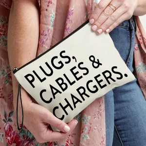Portable canvas electronics organizer bag for plugs and chargers with black zipper