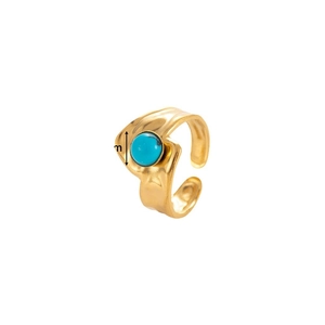 Verstellbarer goldener Edelstahlring in Hammerschlag-Optik mit rundem blauem Türkisstein