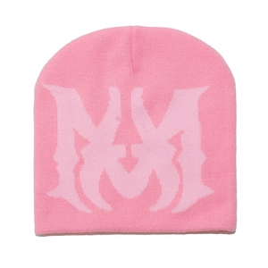 Detailed knit texture of pink winter beanie with light pink jacquard logo lettering