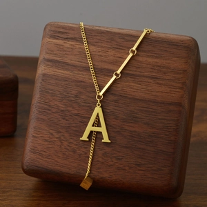 Minimalist gold titanium steel necklace with letter A pendant and elegant geometric bar
