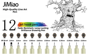 Detailed view of 12 waterproof fine line art pens with various nib sizes and brush tips