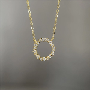 S925 sterling silver 14k gold necklace with zircon paved circular pendant minimalist design