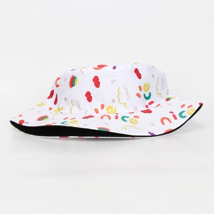 Detail of white bucket hat featuring colorful nice letters and rainbow graffiti pattern