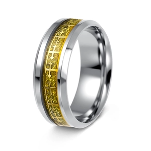 Detailed view of wide men's ring with silver brushed finish and golden cross inlay