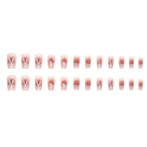 Set of 24 cute pink gradient press-on nails with white bunny and relief heart designs