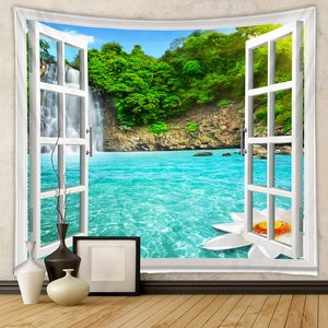 Detail view of a 3D window view tapestry showing waterfalls and blooming lotuses