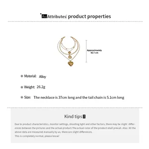 Detailed specifications of the multilayer heart and map gold alloy necklace with dimensions