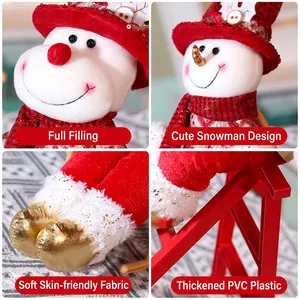 Plush Christmas snowman doll with red sequin hat and scarf on a decorative stair stand