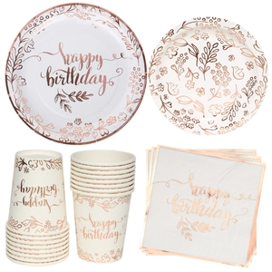 Rose gold birthday tableware set with white paper plates, cups and floral napkins