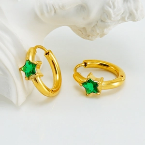 Golden round hoop earrings with emerald green star-shaped cubic zirconia stones