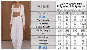 Detailed size chart for white three-piece knit loungewear set with fabric specifications