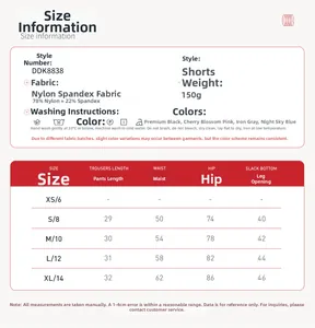 Detailed size guide for high-waisted yoga shorts with fabric info and measurements